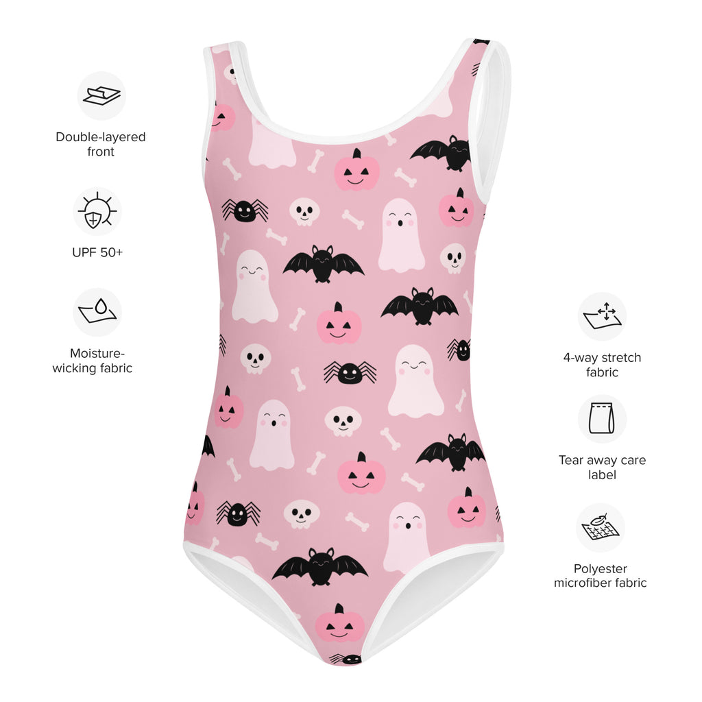 Girls Pink Halloween Swimsuit With Cute Ghosts And Bats