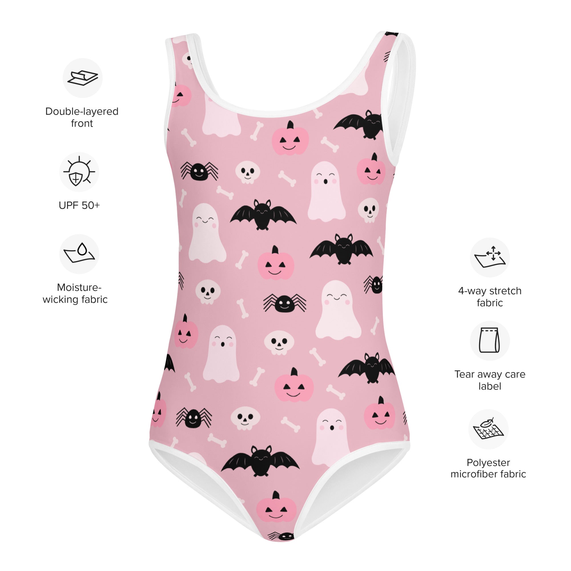 Girls Pink Halloween Swimsuit With Cute Ghosts And Bats