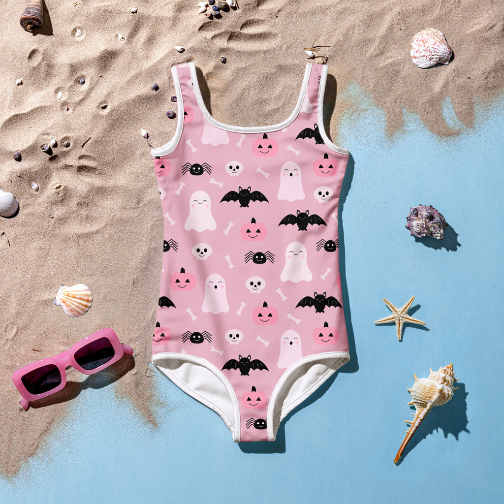 Girls Pink Halloween Swimsuit With Cute Ghosts And Bats