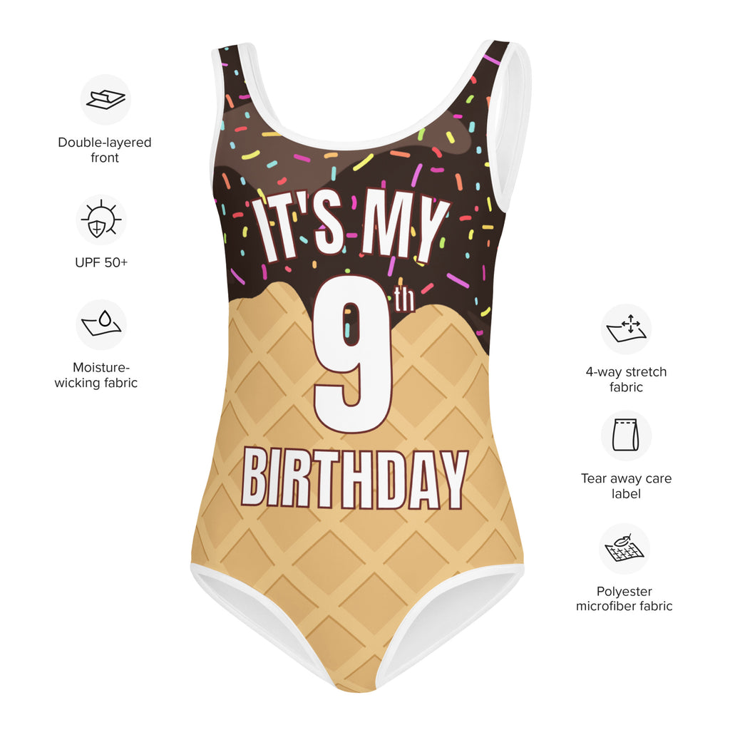 Girls ice cream cone custom age it’s my birthday swimsuit in chocolate with colorful sprinkles and birthday text