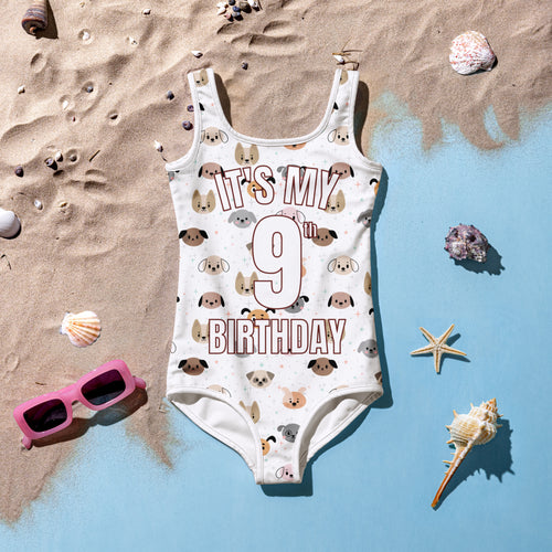 White girls one-piece swimsuit with cartoon dog pattern and pink its my 9th birthday text for birthday use