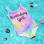 Girls Custom Age & Name Faux Rainbow Tie Dye Swimsuit