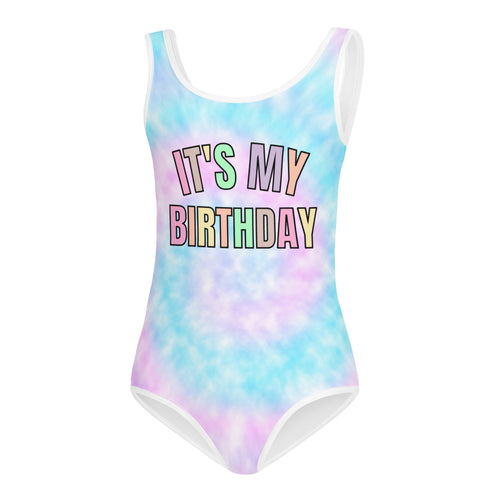 Girls pastel tie-dye buttery soft one-piece swimsuit with white trim and colorful its my birthday print for dance and gymnastics