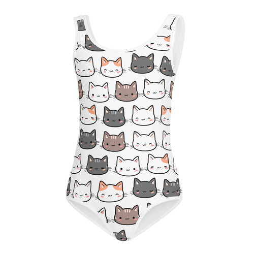 White girls cat face buttery soft one-piece swimsuit with colorful cartoon cats quick drying for dance and gymnastics