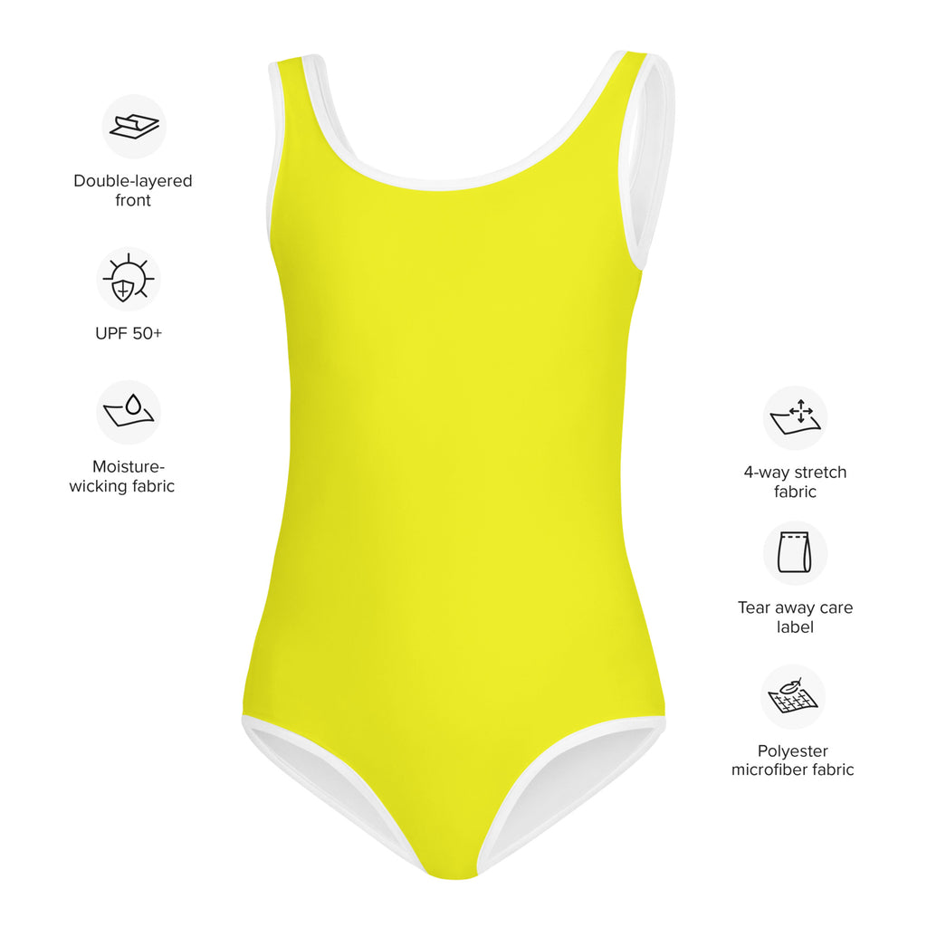 Girls yellow buttery soft one-piece swimsuit with white trim double-layered front and UPF 50 plus sun protection