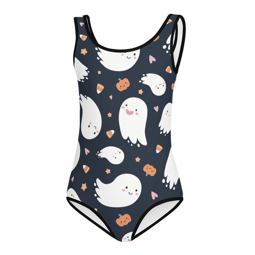 Girls ghost and candy cane Halloween buttery soft navy blue leotard with white ghosts and pumpkins for dance and gymnastics