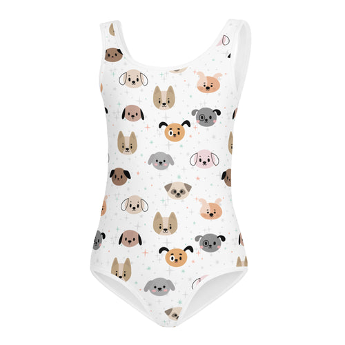 White girls leotard with buttery soft fabric and quick drying featuring colorful cartoon dog faces for dance and gymnastics