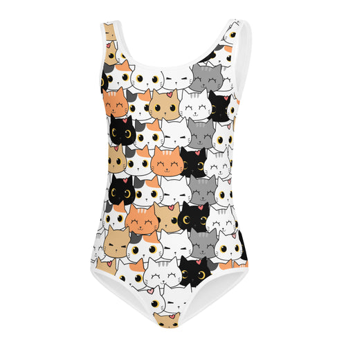 Girls cat face buttery soft white one-piece swimsuit with colorful cartoon cats and quick drying for dance and gymnastics