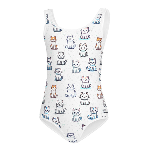 White girls one-piece swimsuit with colorful cartoon cat pattern buttery soft quick drying for dance and gymnastics