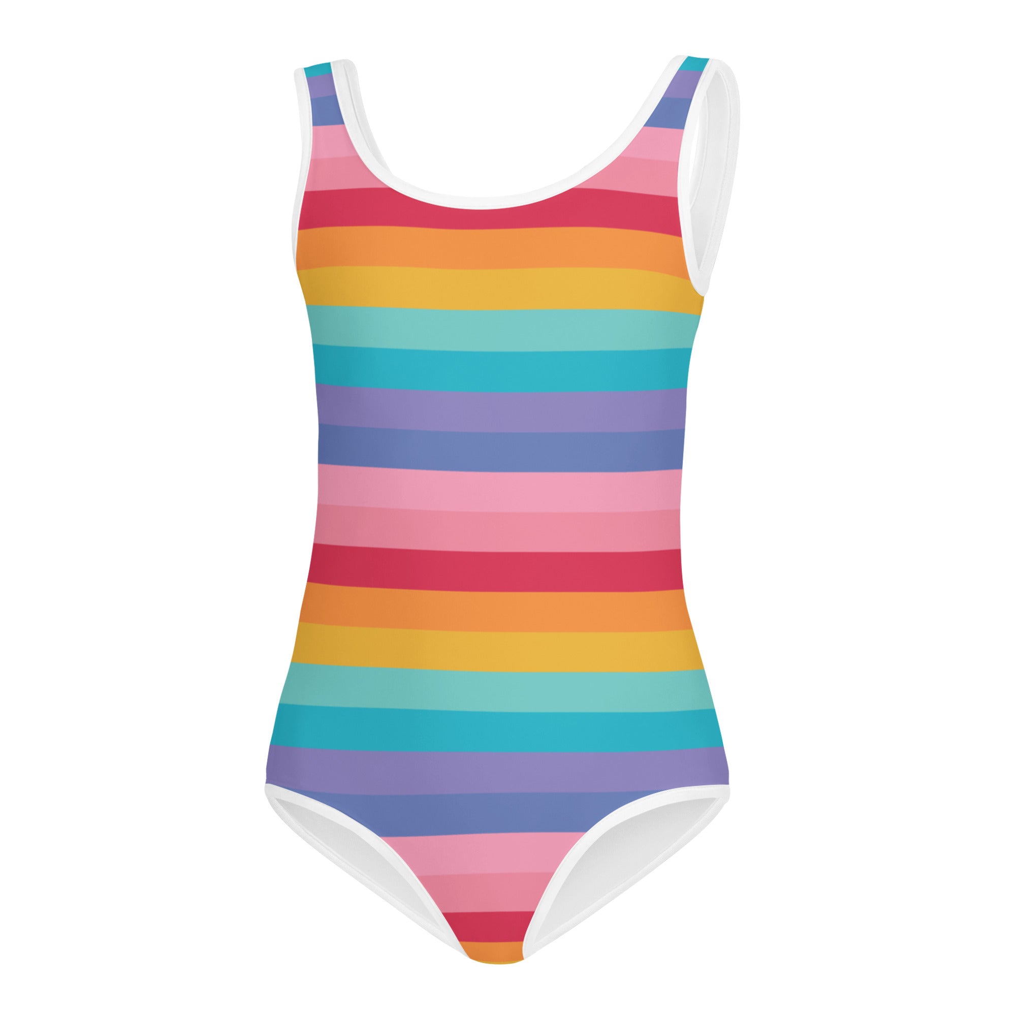 Girls bright striped rainbow buttery soft one-piece swimsuit with white trim quick drying for dance and gymnastics
