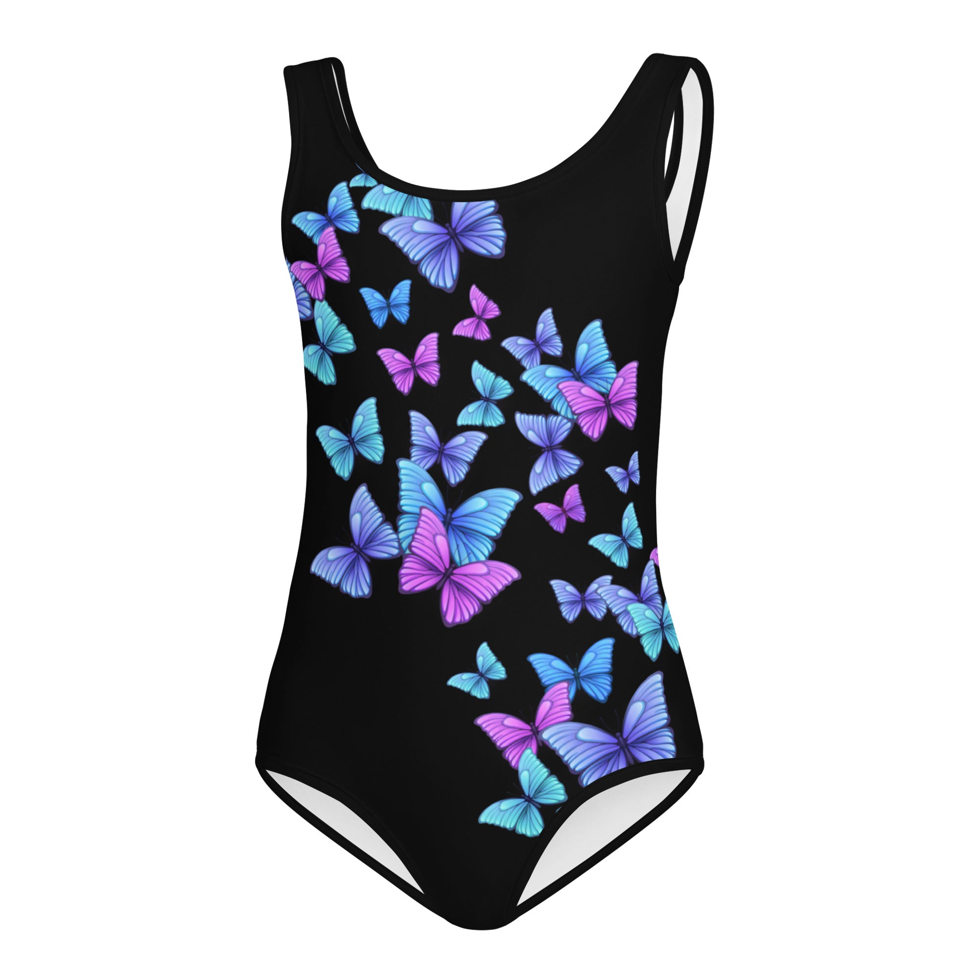 Black girls one-piece swimsuit with vibrant blue and purple butterfly pattern made of buttery soft quick-dry fabric for dance and gymnastics