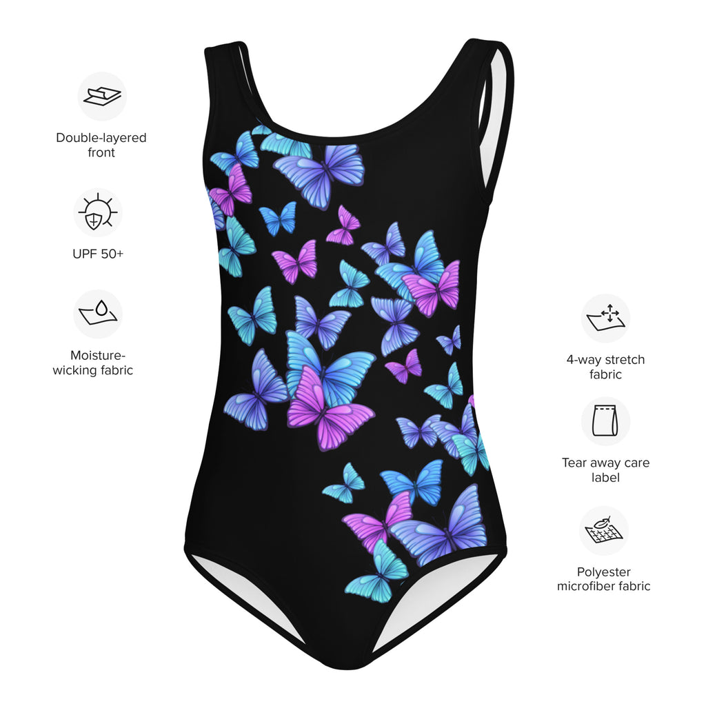 Black one-piece girls leotard with vibrant purple blue teal butterfly pattern quick drying buttery soft fabric for dance and gymnastics