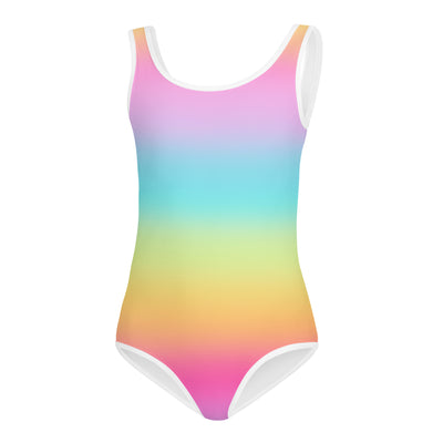 Girls bright rainbow buttery soft leotard with white trim quick drying for dance and gymnastics in vibrant gradient