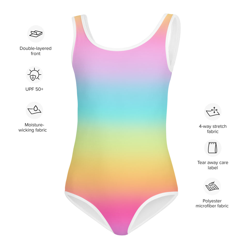 Girls bright rainbow gradient one-piece swimsuit with white trim and moisture-wicking polyester for dance and gymnastics