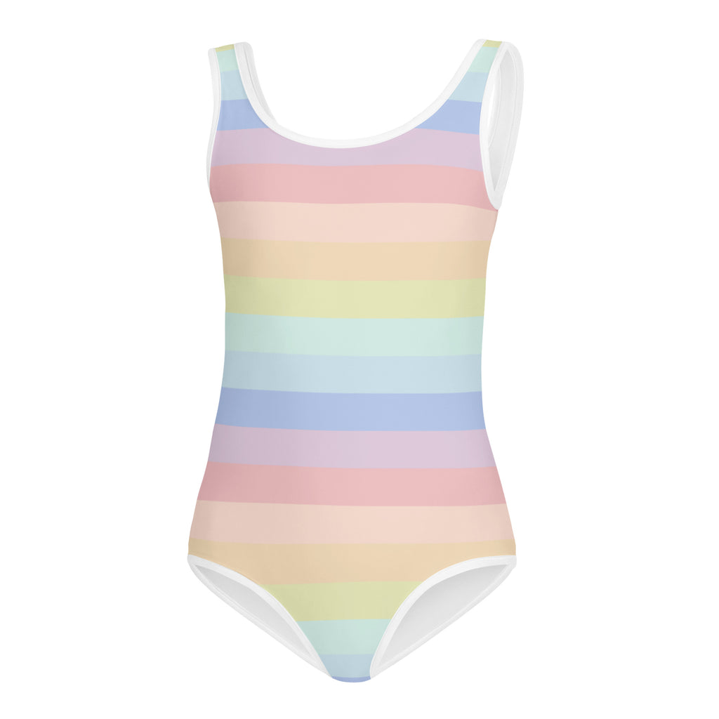 Girls pastel rainbow striped one-piece swimsuit with white trim made of buttery soft quick drying fabric for dance and gymnastics