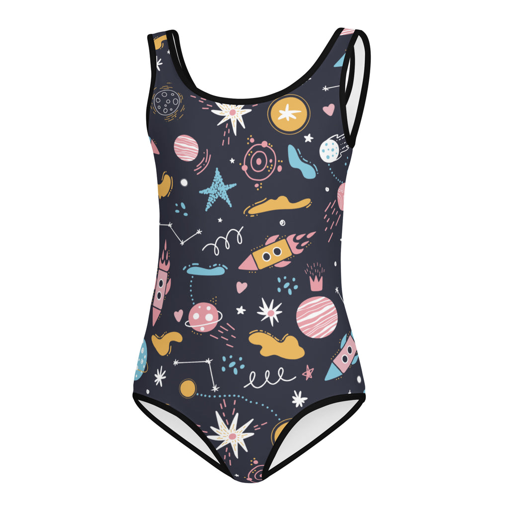Dark navy girls outer space buttery soft one-piece swimsuit with pastel rockets and planets for dance and gymnastics