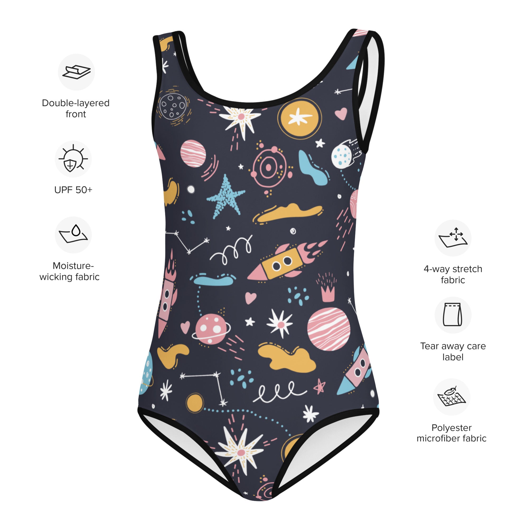 Girls outer space buttery soft dark navy leotard with colorful space pattern quick drying for dance and gymnastics