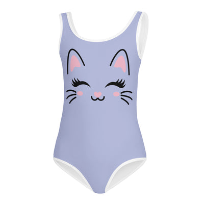 Lavender girls cute cat buttery soft leotard with white trim quick drying for dance and gymnastics featuring a cat face design