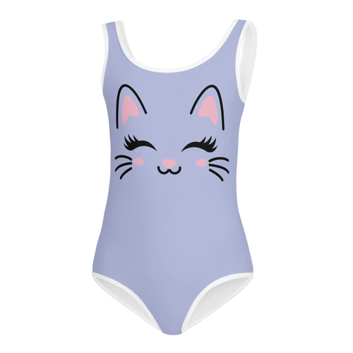 Lavender girls cute cat buttery soft leotard with white trim quick drying for dance and gymnastics featuring a cat face design