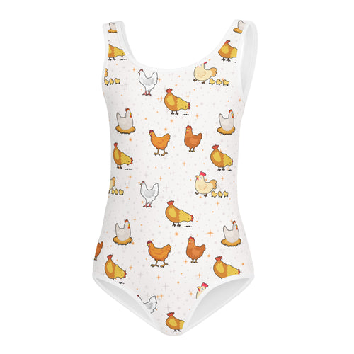 Girls chicken buttery soft white leotard with playful yellow and orange cartoon chickens quick drying for dance