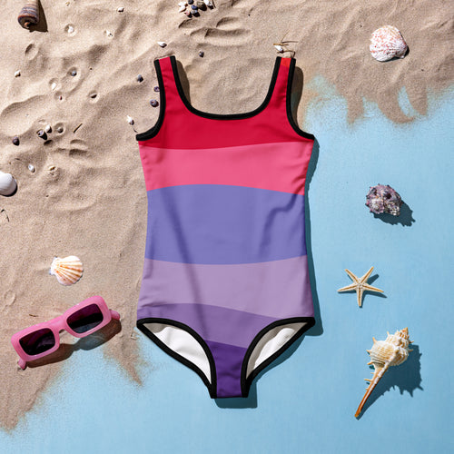 Girls abstract waves one piece swimsuit with vibrant red pink purple stripes and black trim upf 50 plus swimwear for youth