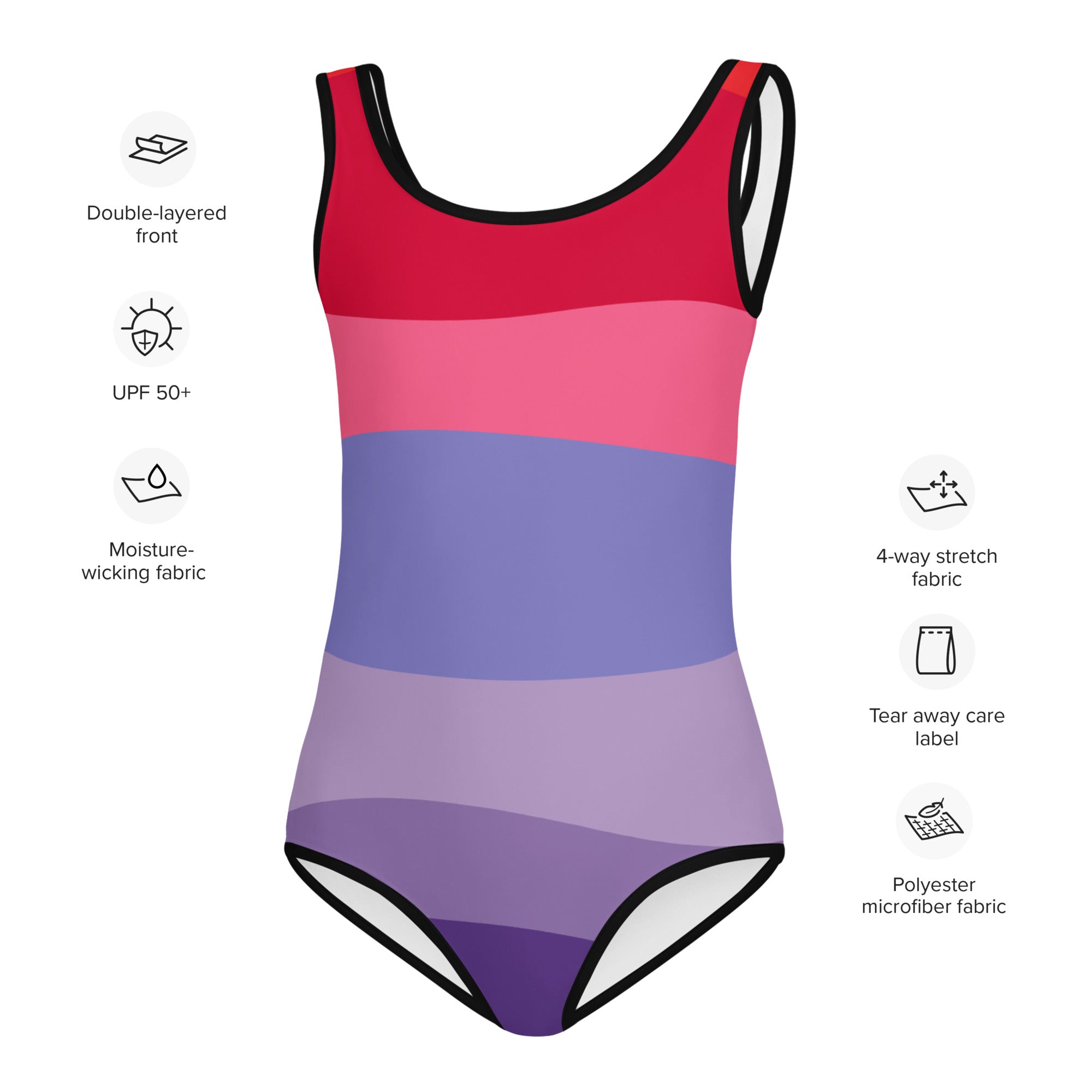 Girls abstract waves one piece swimsuit with vibrant red pink purple stripes and black trim upf 50 plus swimwear for youth