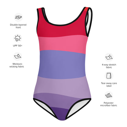 Girls Abstract Waves One Piece Swimsuit - Vibrant Red, Purple & Pink UPF 50+ Swimwear for Toddlers and Youth
