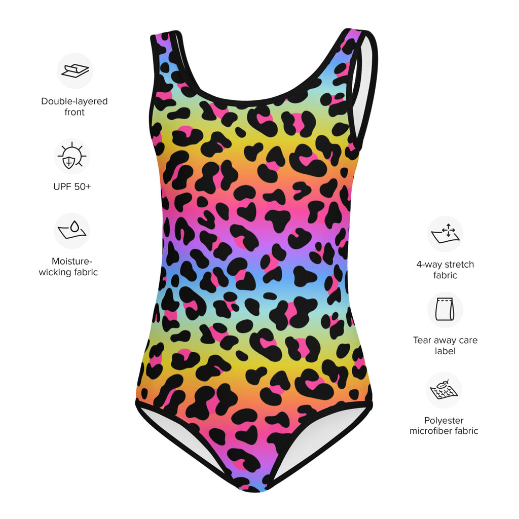 Girls Rainbow Cheetah Buttery Soft Swimsuit With UPF 50+