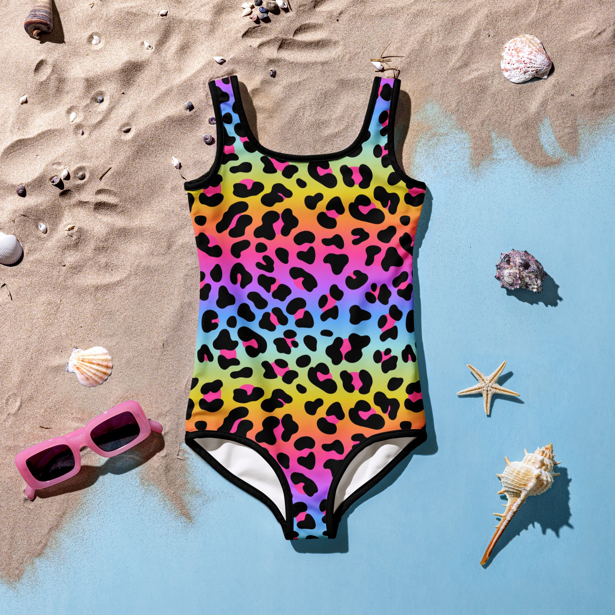 Girls Rainbow Cheetah Buttery Soft Swimsuit With UPF 50+