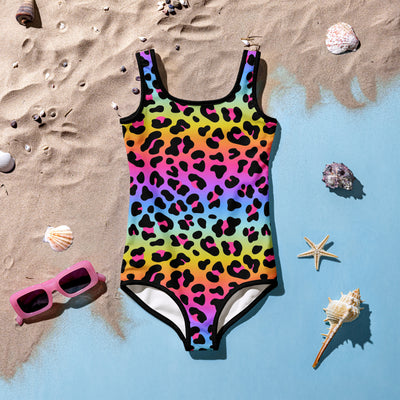 Girls Rainbow Cheetah Buttery Soft Swimsuit With UPF 50+