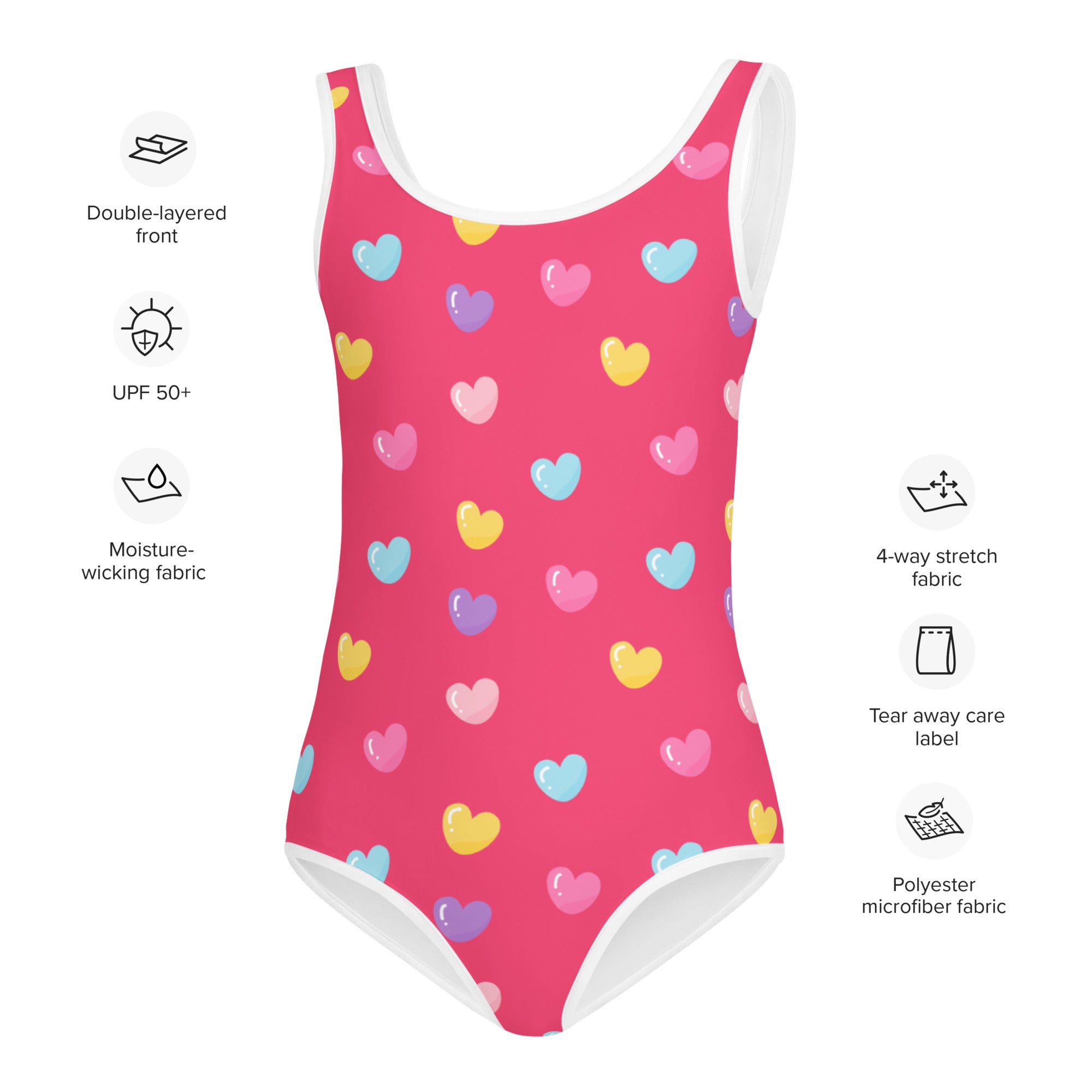 A girls colorful hearts pink buttery soft one-piece swimsuit with multicolored heart pattern and UPF 50 plus protection