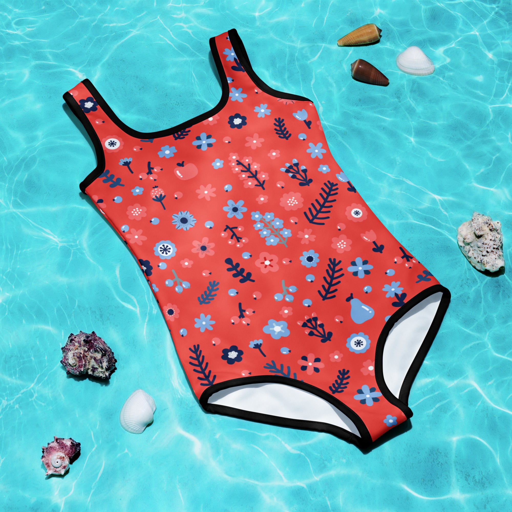 Coral girls one-piece swimsuit with playful blue pink floral pattern and black trim made of buttery soft fabric with UPF 50+