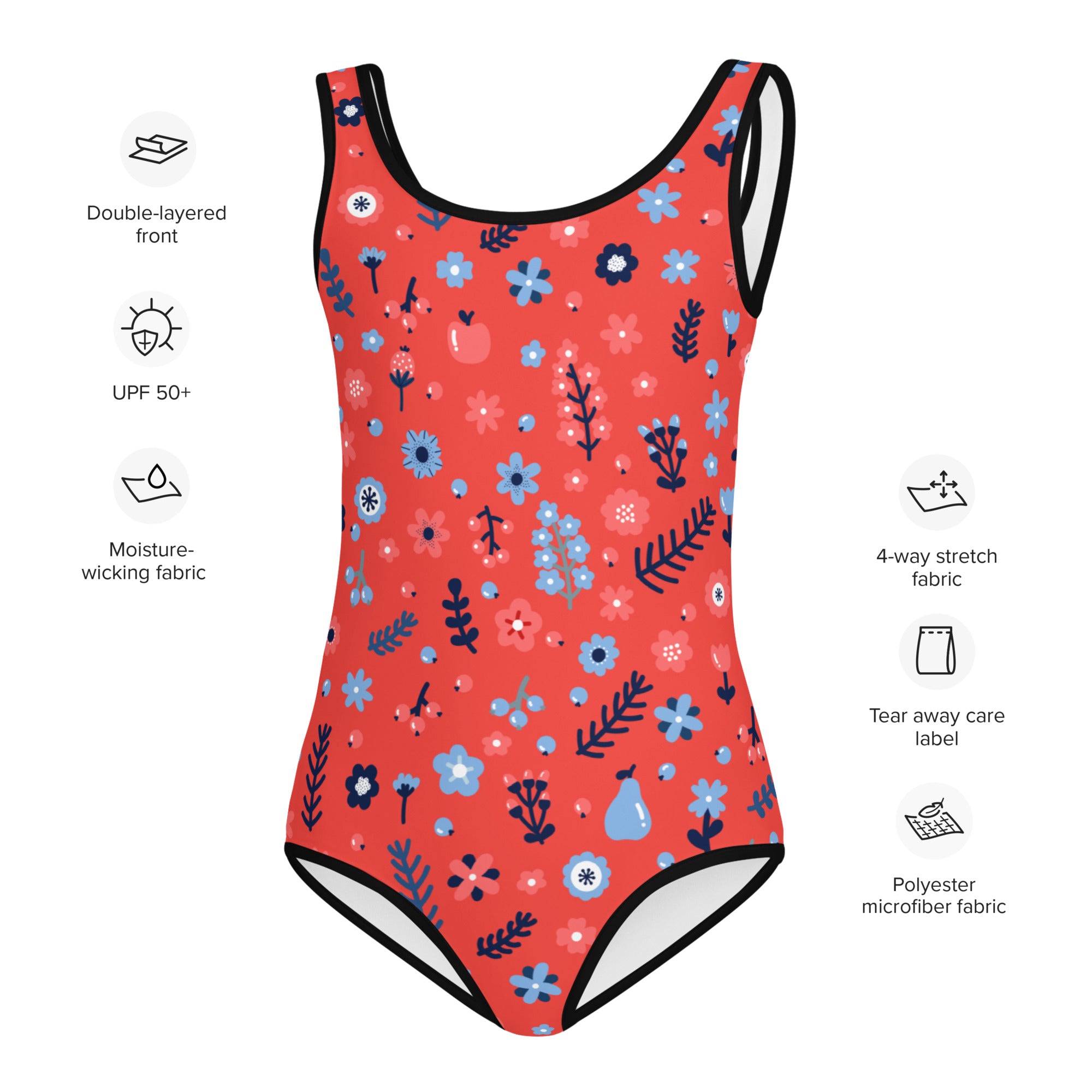 A vibrant coral girls one-piece swimsuit with playful blue pink navy floral pattern black trim buttery soft fabric upf 50+