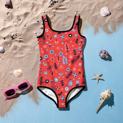Girls Floral Red Buttery Soft Swimsuit With UPF 50+
