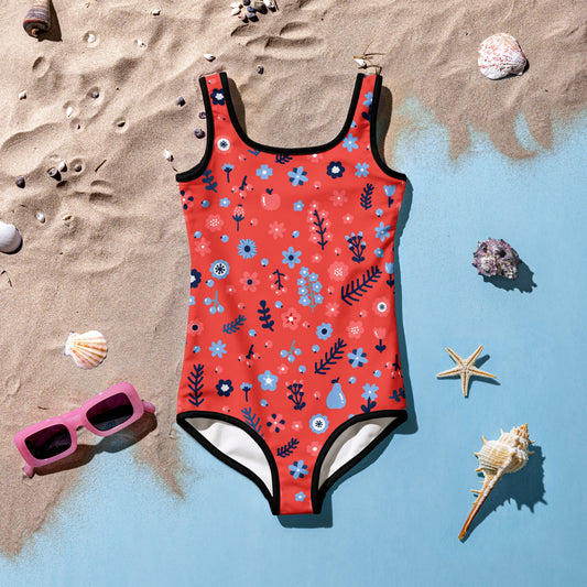Girls Floral Red Buttery Soft Swimsuit With UPF 50+