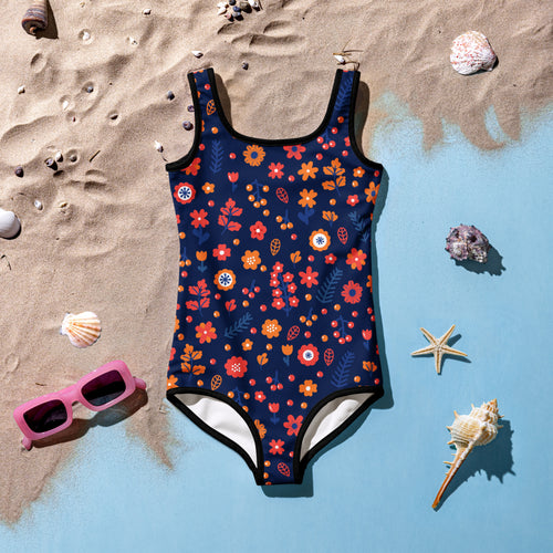 Girls floral blue buttery soft one-piece swimsuit with vibrant orange red white flowers black trim and UPF 50 plus protection