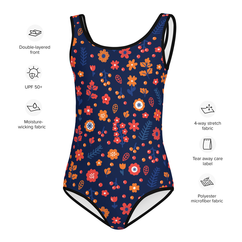 Girls floral blue buttery soft one-piece swimsuit with vibrant orange red yellow pattern and black trim featuring UPF 50+
