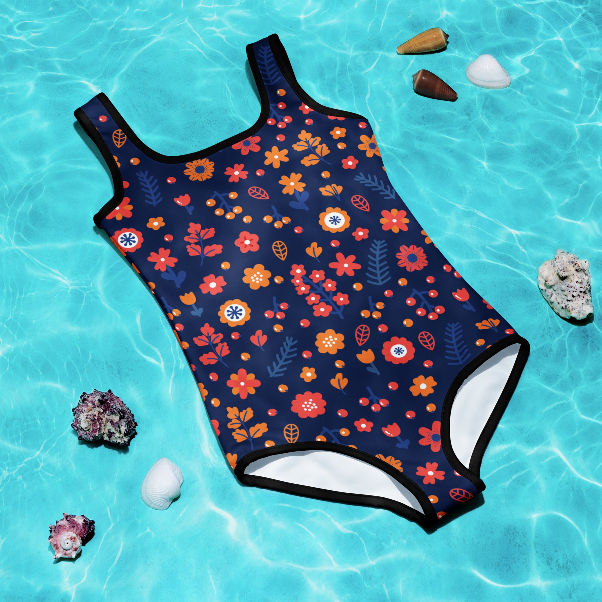 Navy blue girls buttery soft one-piece swimsuit with vibrant orange red white floral pattern and UPF 50 plus protection