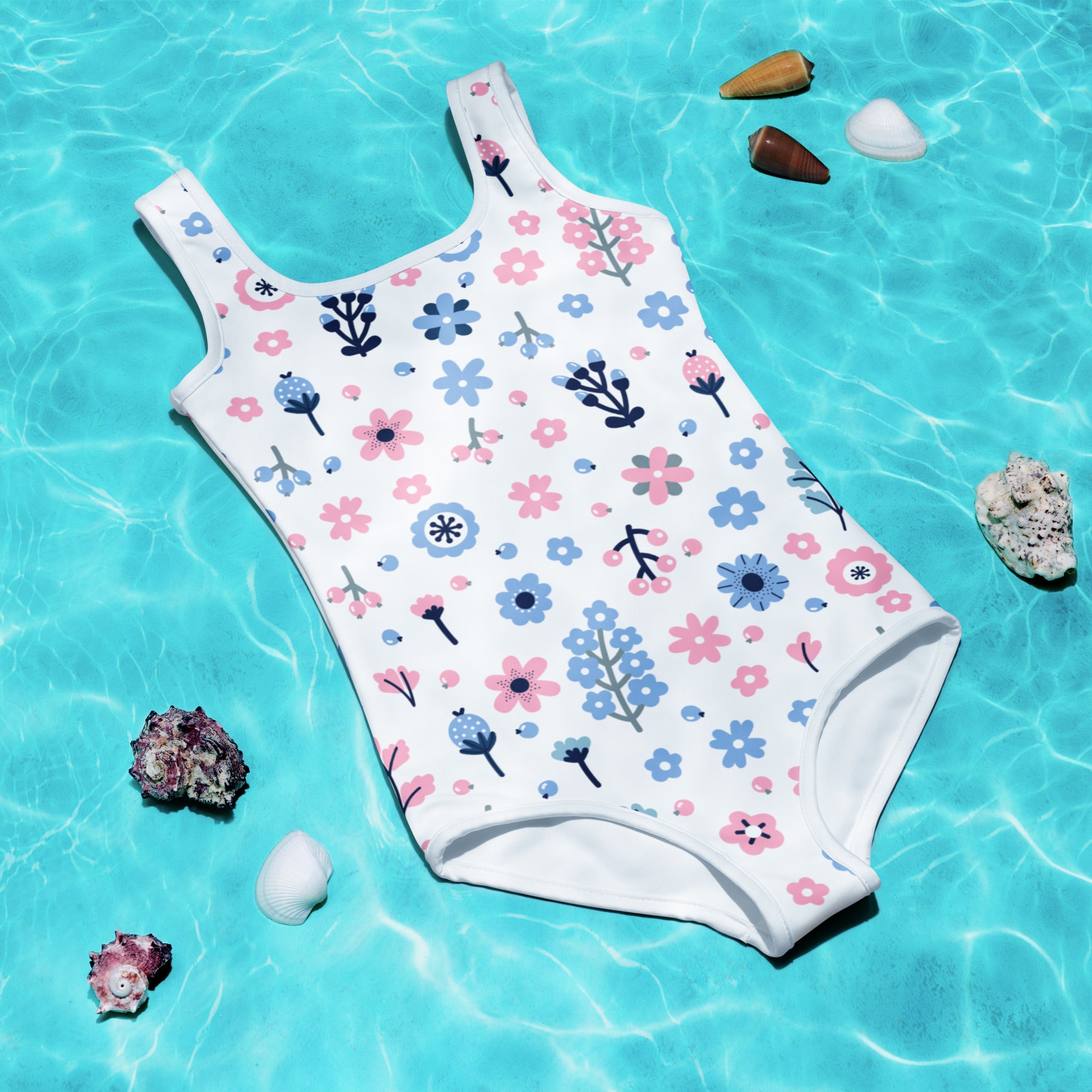 Girls floral purple and blue flowers buttery soft white one-piece swimsuit with playful pattern and upf 50 plus protection