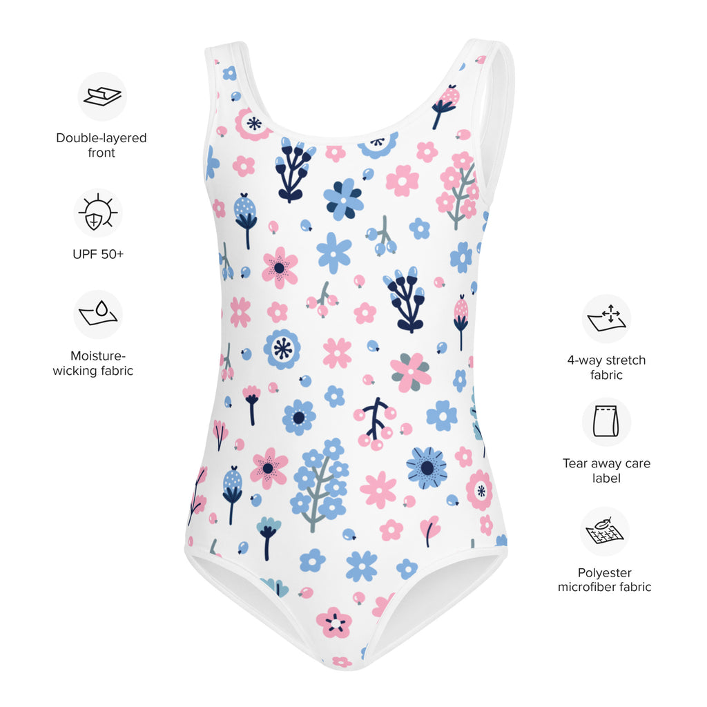 Girls floral purple and blue flowers buttery soft white one-piece swimsuit with upf 50 plus and playful pattern