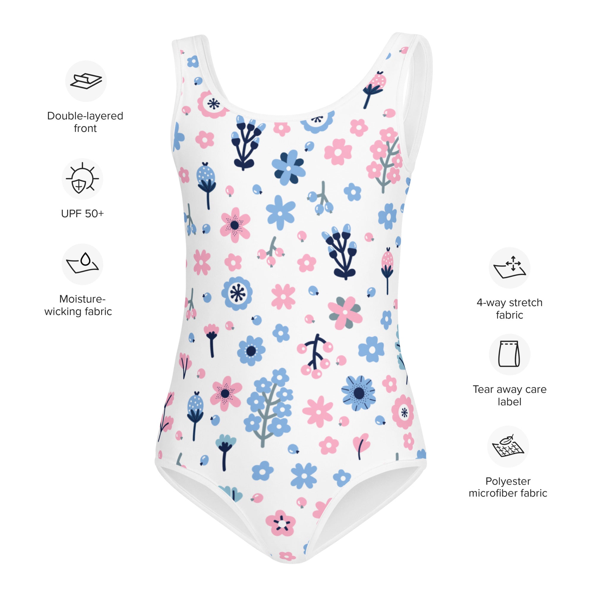 Girls floral purple and blue flowers buttery soft white one-piece swimsuit with upf 50 plus and playful pattern