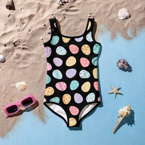 Black girls one-piece swimsuit with pastel easter egg and heart patterns buttery soft fabric upf 50+ protection