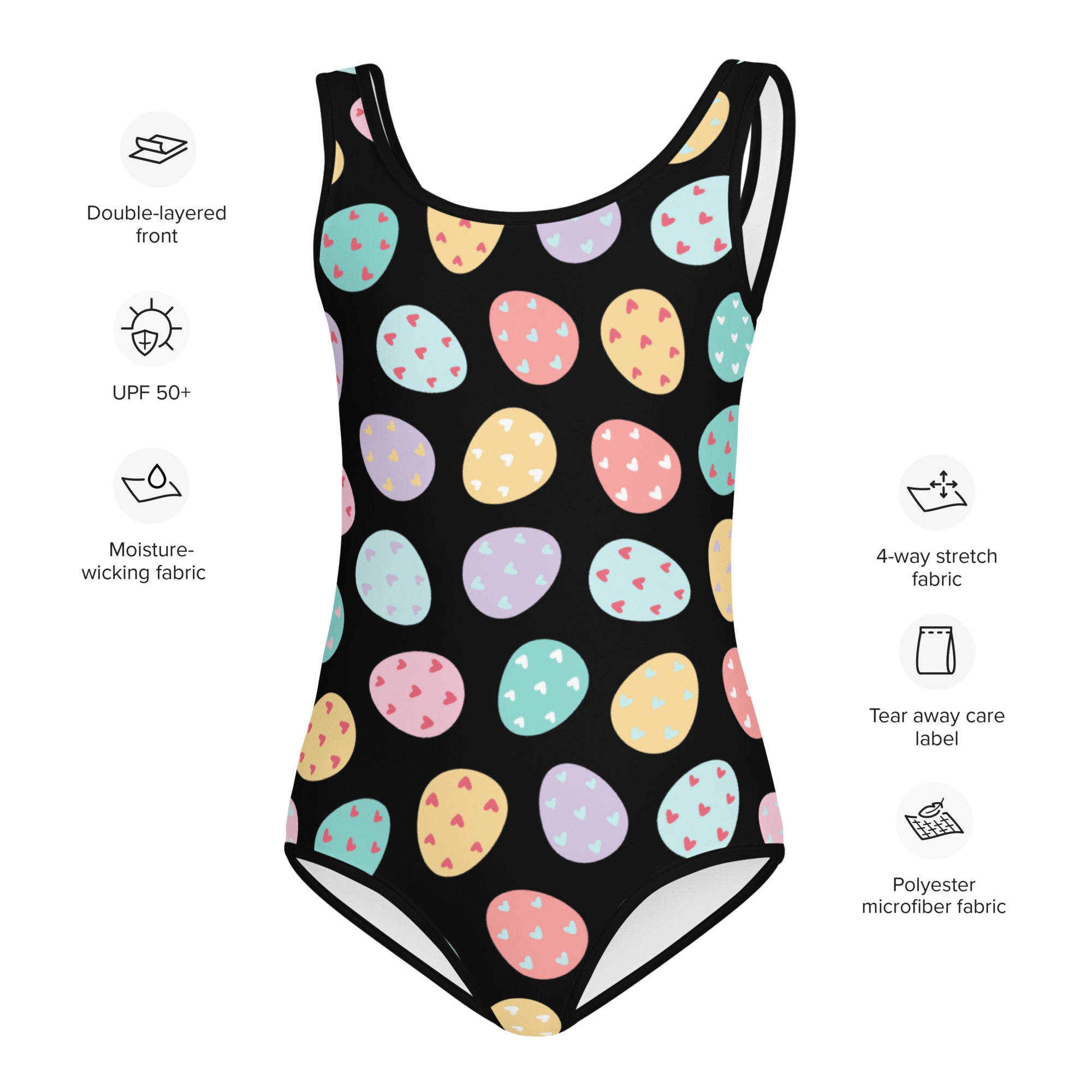 Girls easter egg buttery soft black one-piece swimsuit with pastel easter eggs and upf 50 plus sun protection