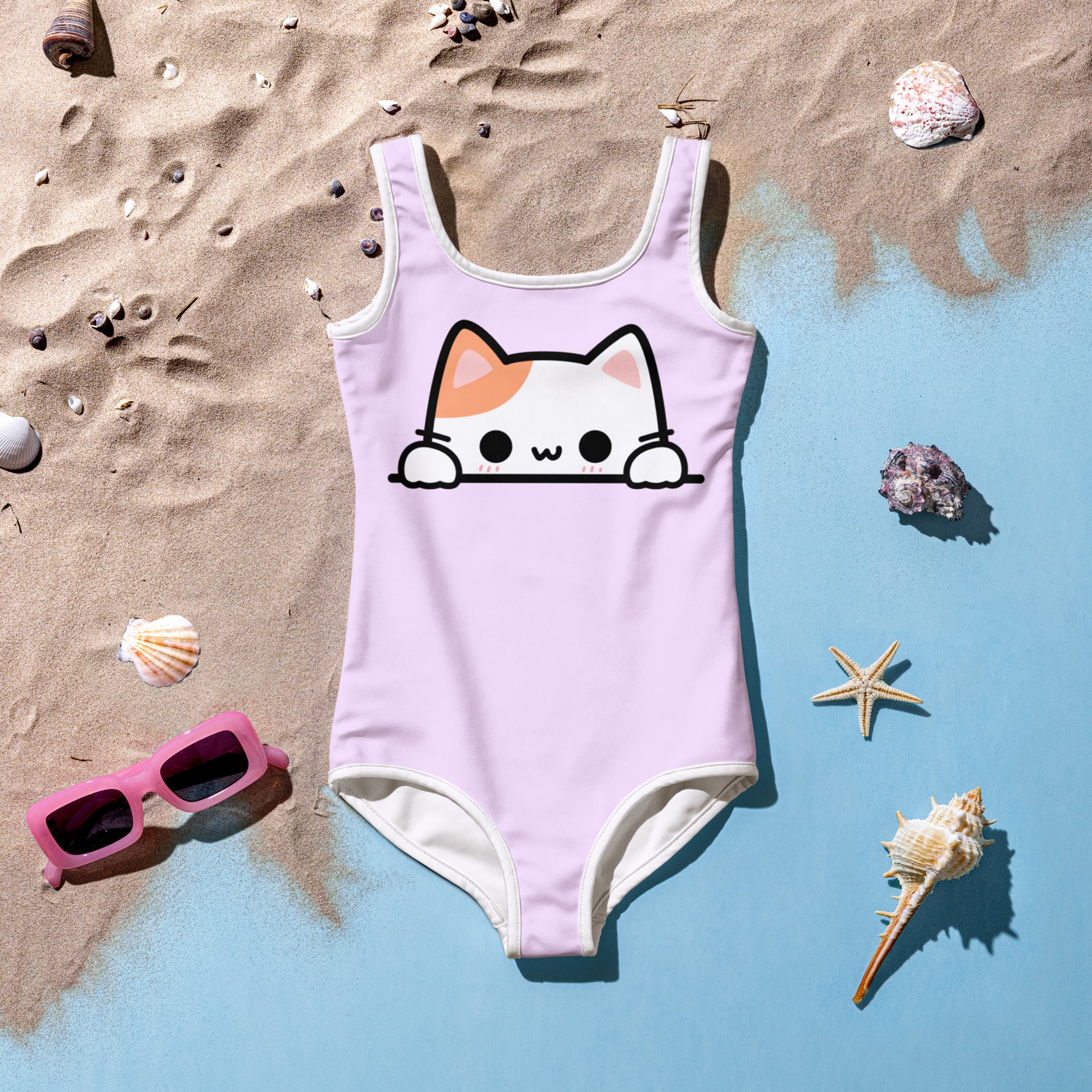 Girls Peeking Cat Buttery Soft Swimsuit With UPF 50+
