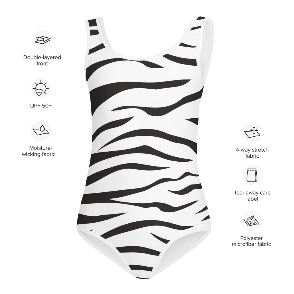White girls zebra pattern one-piece swimsuit with bold black stripes and moisture-wicking polyester microfiber front