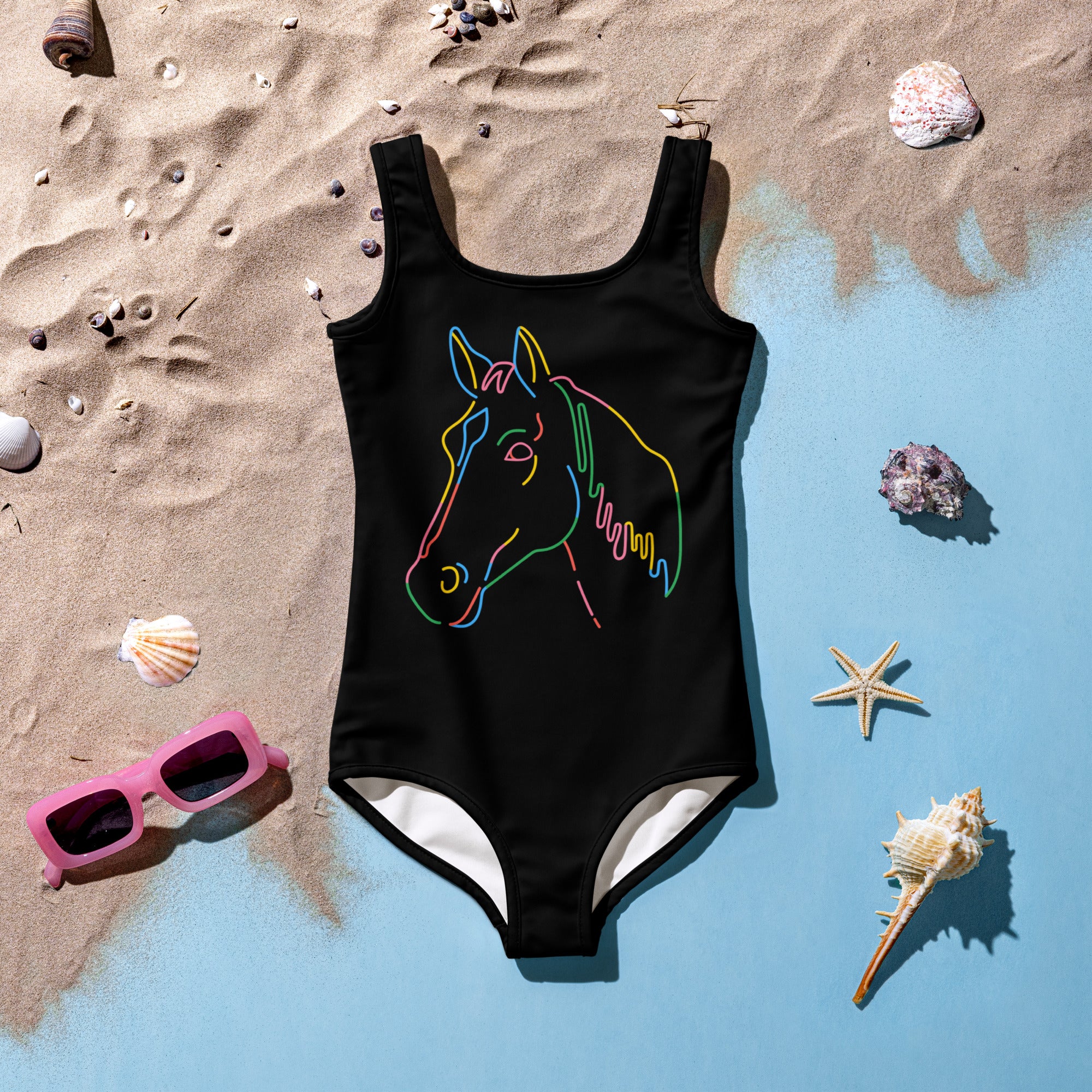 Black girls one-piece swimsuit with vibrant neon multicolor horse outline and buttery soft fabric with UPF 50+ protection
