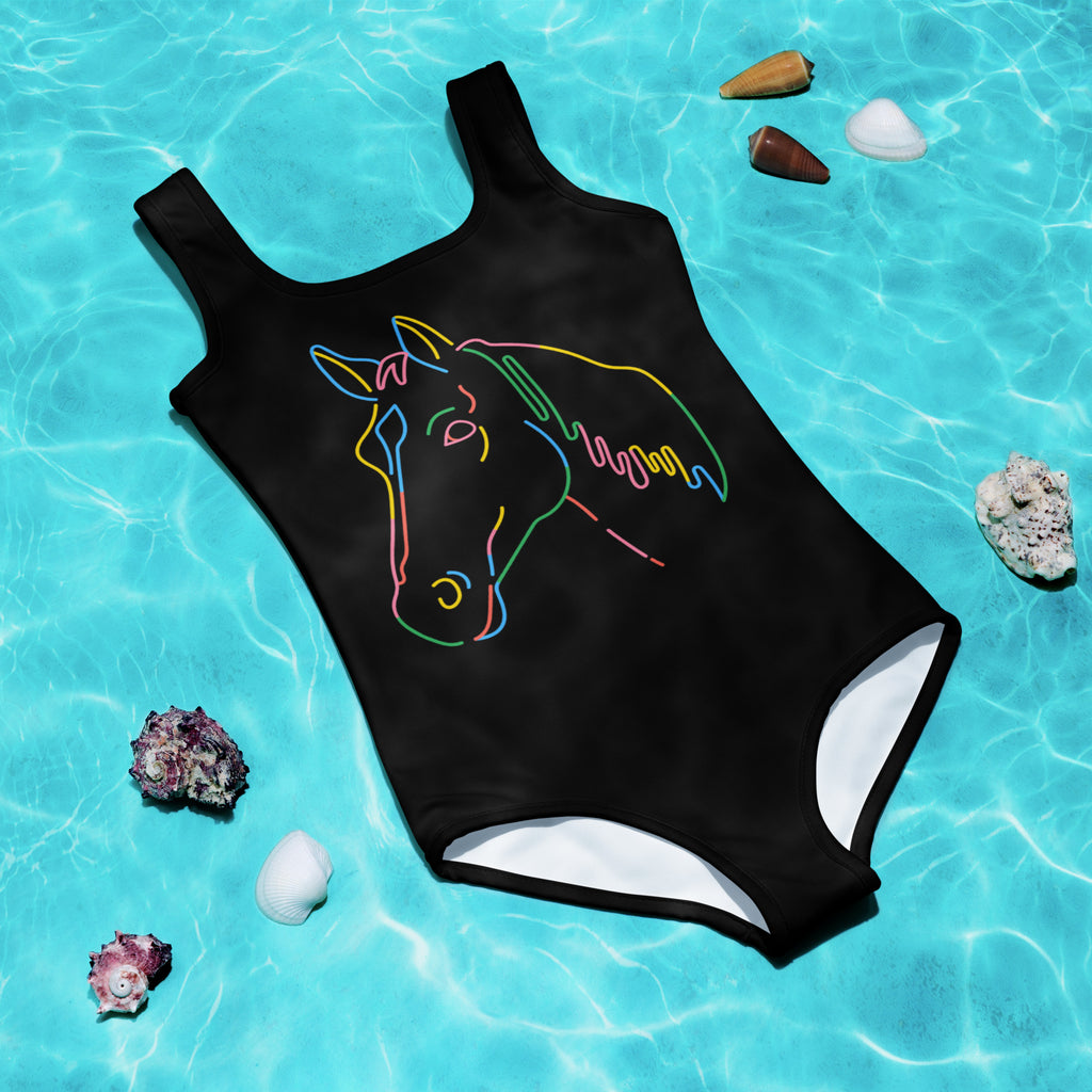 Girls black one-piece swimsuit with colorful neon horse outline buttery soft fabric and upf 50 plus protection