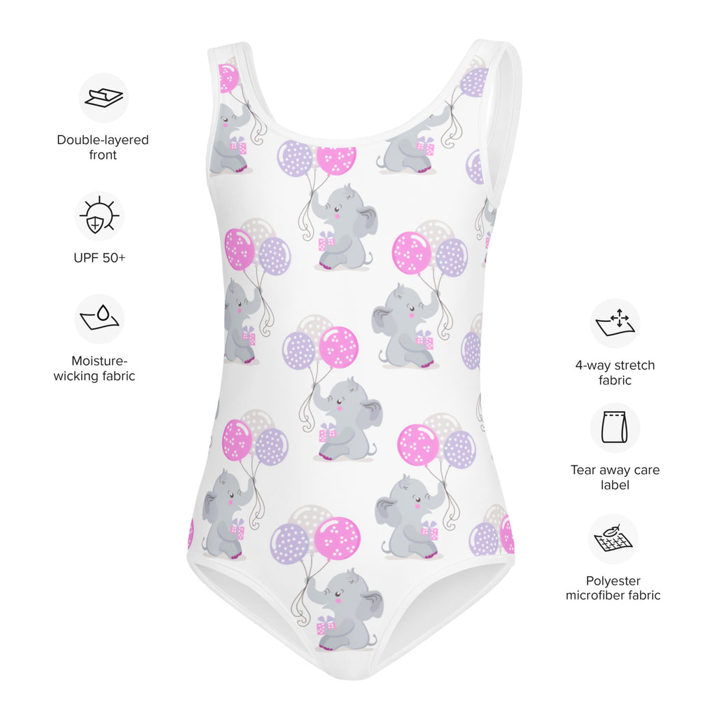 White girls elephant birthday buttery soft swimsuit with upf 50 plus featuring gray elephants holding pink and purple balloons