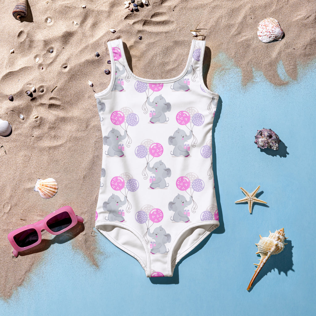 Girls elephant birthday buttery soft white one-piece swimsuit with gray elephant balloon pattern and UPF 50+ protection