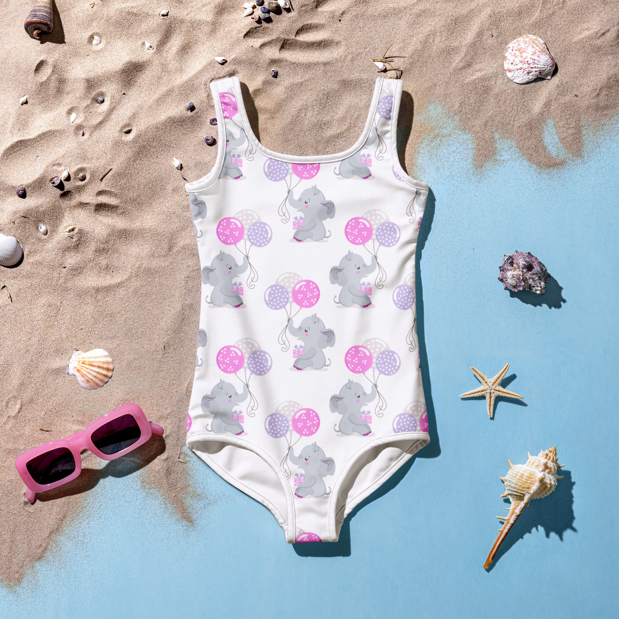 Girls elephant birthday buttery soft white one-piece swimsuit with gray elephant balloon pattern and UPF 50+ protection